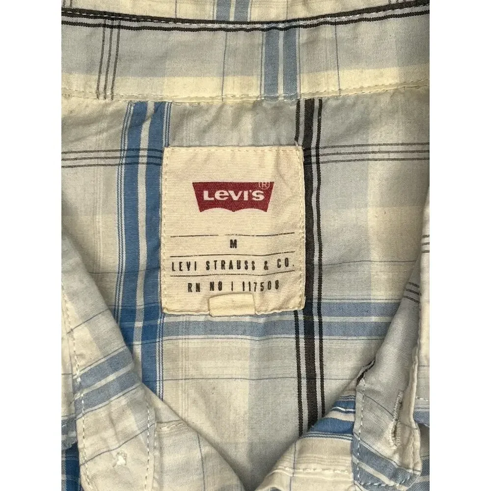 Levis Pearl Snap Plaid Short Sleeve Cotton Twill Shirt M Blue Black White